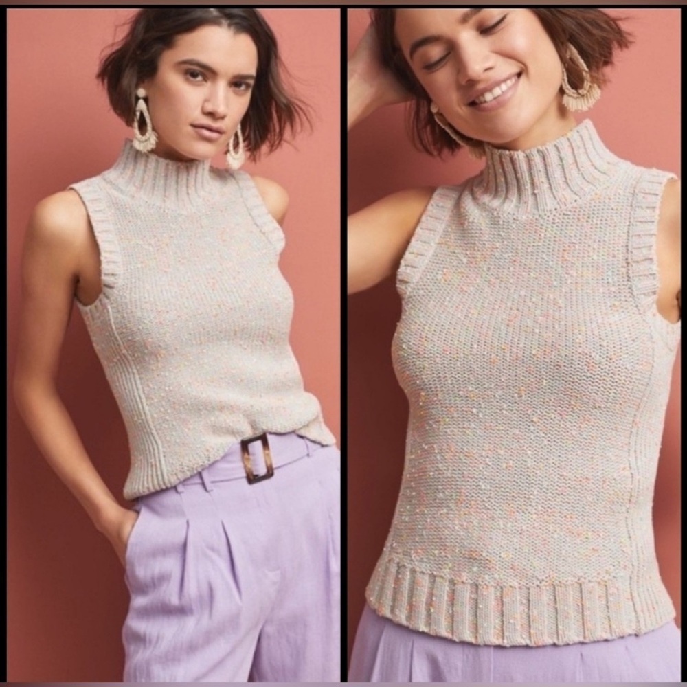 Anthropologie BREA Sleeveless Knit Sweater Vest Neon Confetti Mock Neck Size S
